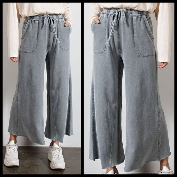 📌 EASEL "The Originals" Mineral Wash Wide Leg Drawstring Pants Pockets Raw Hems - Picture 10 of 15